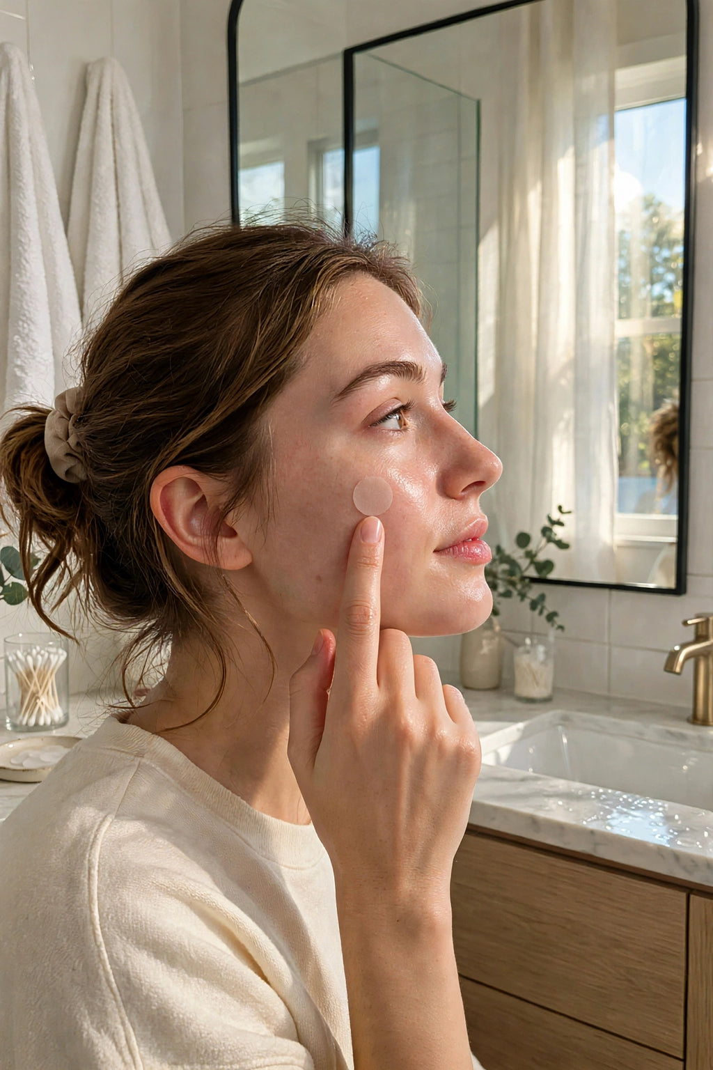 Woman applying a ZitVanish pimple patch