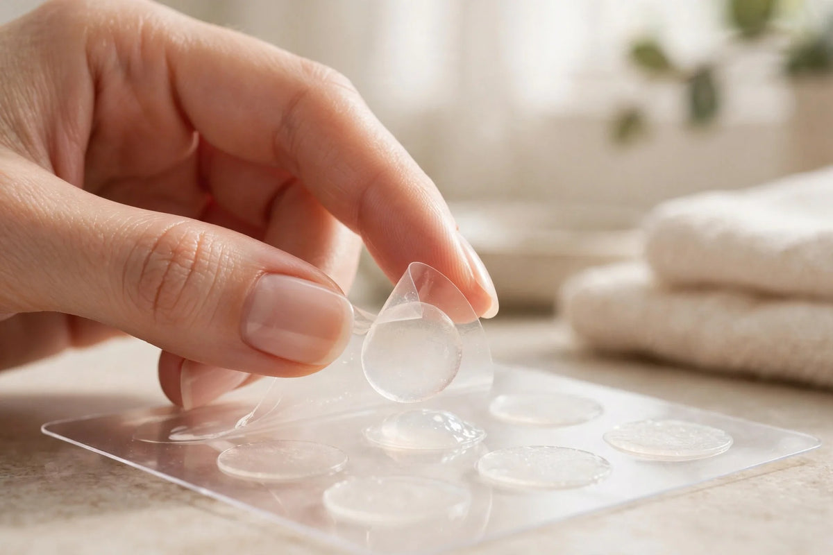 Peeling a ZitVanish pimple patch from its backing sheet